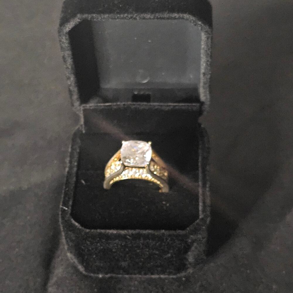 JTV Cushion Cut CZ | Gold Plated Sterling Silver Pavé Band Ring | Size 8 - Picture 2 of 10